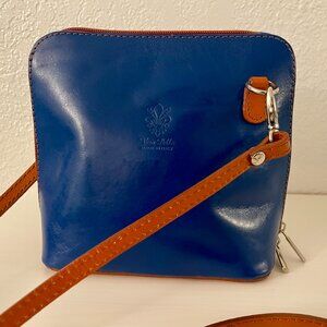 Vera Pelle Blue Leather Crossbody Bag with Brown Strap